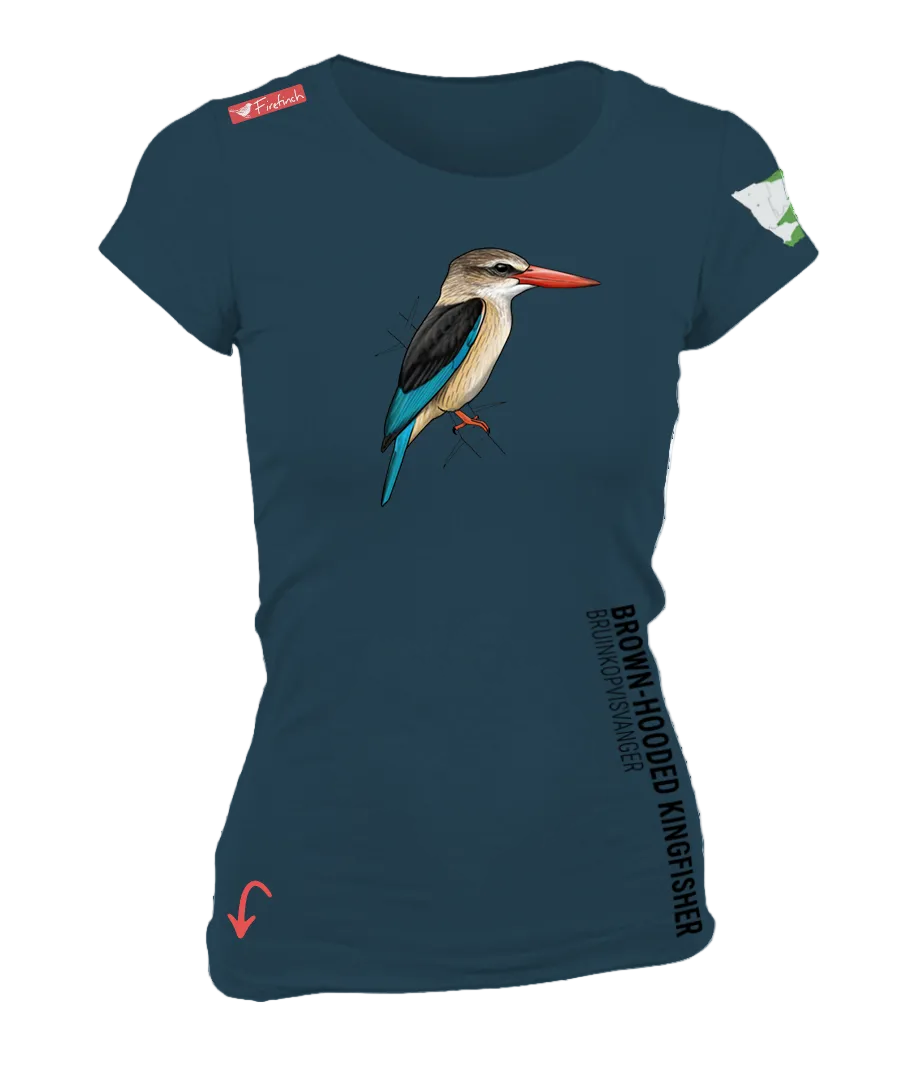 A women's short-sleeve t-shirt in petrol blue, featuring a detailed graphic of a brown-hooded kingfisher on the front.