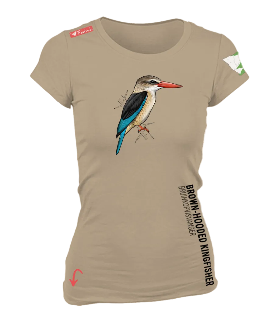 A women's short-sleeve t-shirt in stone, featuring a graphic of a brown-hooded kingfisher on the front.