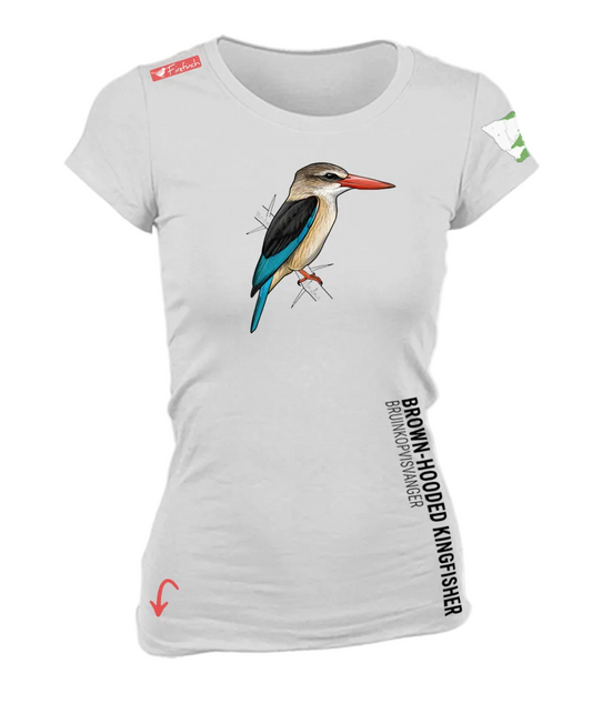 A white short-sleeve crewneck t-shirt featuring a detailed graphic of a brown-hooded kingfisher on the front.