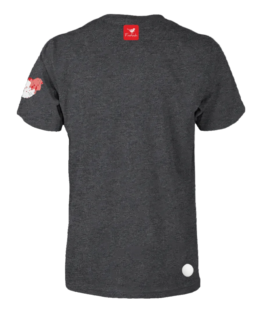 A charcoal melange t-shirt shown from the back.