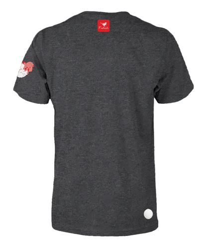 A charcoal melange t-shirt shown from the back.
