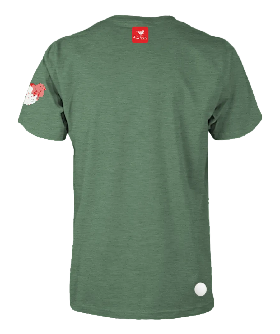 A green short-sleeve t-shirt shown from the back.