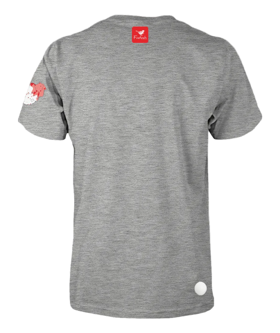 A grey melange short-sleeve t-shirt shown from the back.