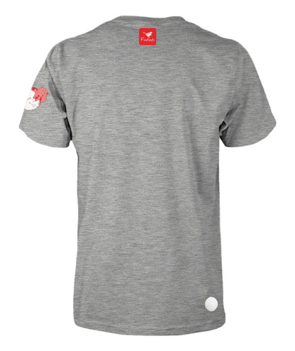 A grey melange short-sleeve t-shirt shown from the back.