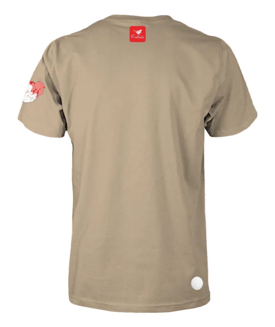 A stone colored short-sleeve t-shirt shown from the back.
