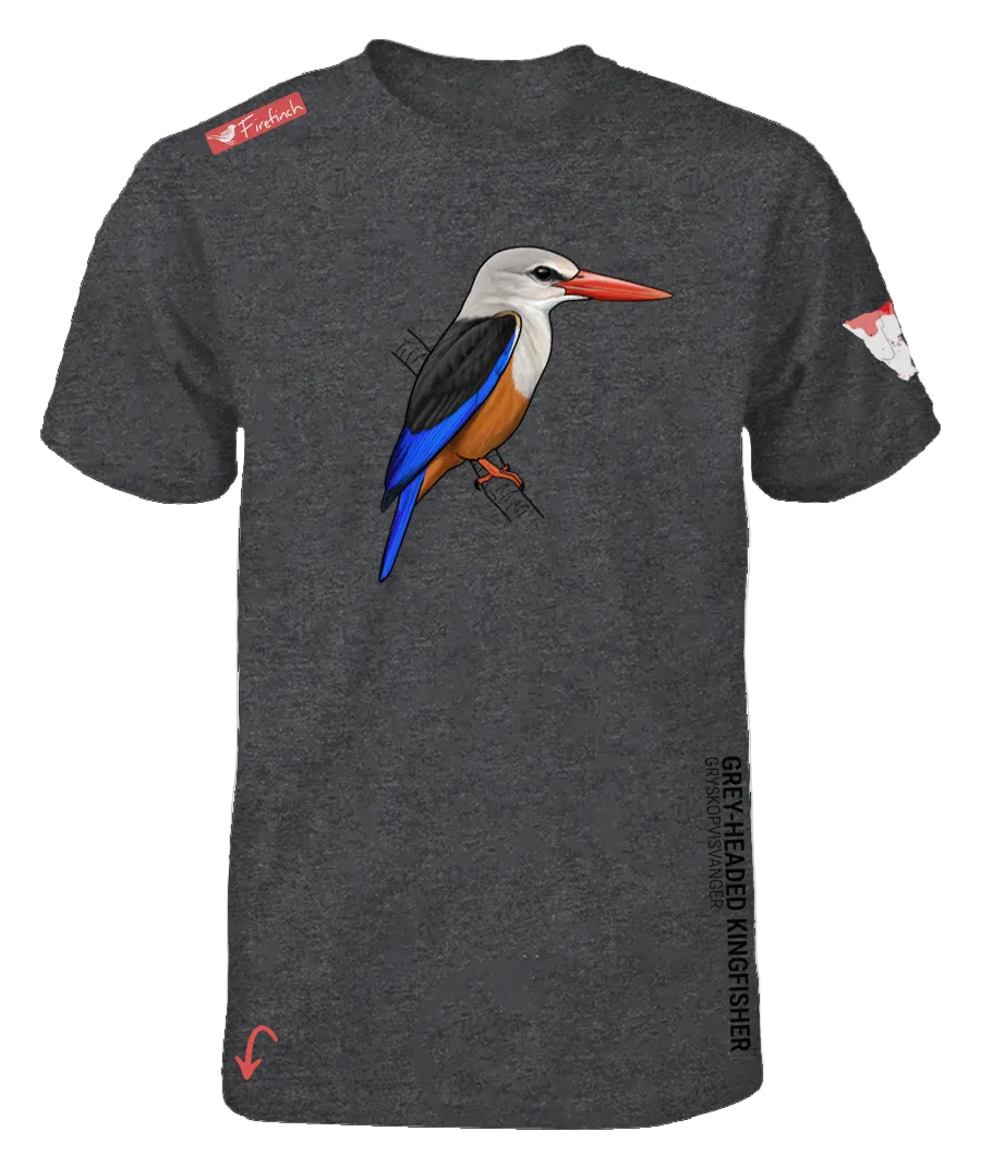 A charcoal melange t-shirt featuring a detailed graphic of a grey-headed kingfisher on the front. 