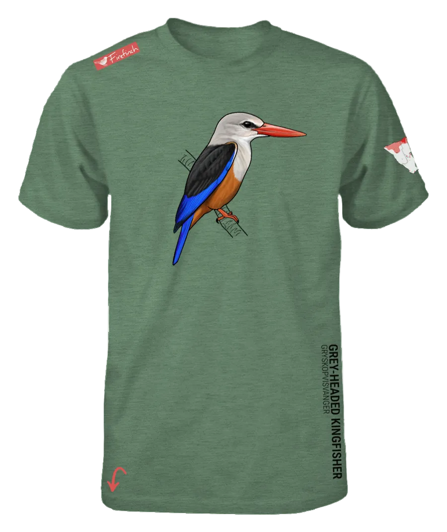 A green short-sleeve t-shirt featuring a detailed graphic of a grey-headed kingfisher on the front.