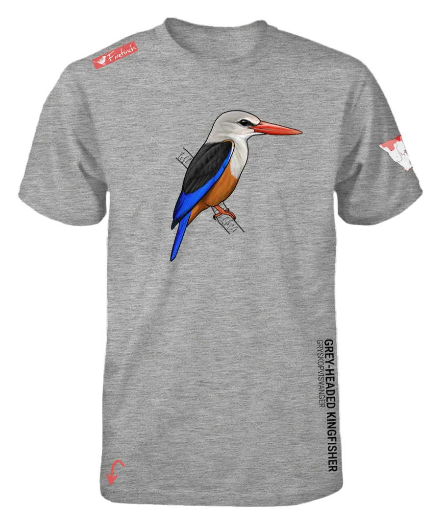 A grey melange short-sleeve t-shirt featuring a detailed graphic of a grey-headed kingfisher on the front. 