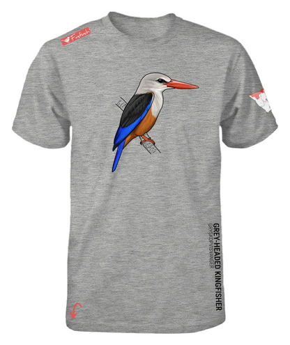 A grey melange short-sleeve t-shirt featuring a detailed graphic of a grey-headed kingfisher on the front. 
