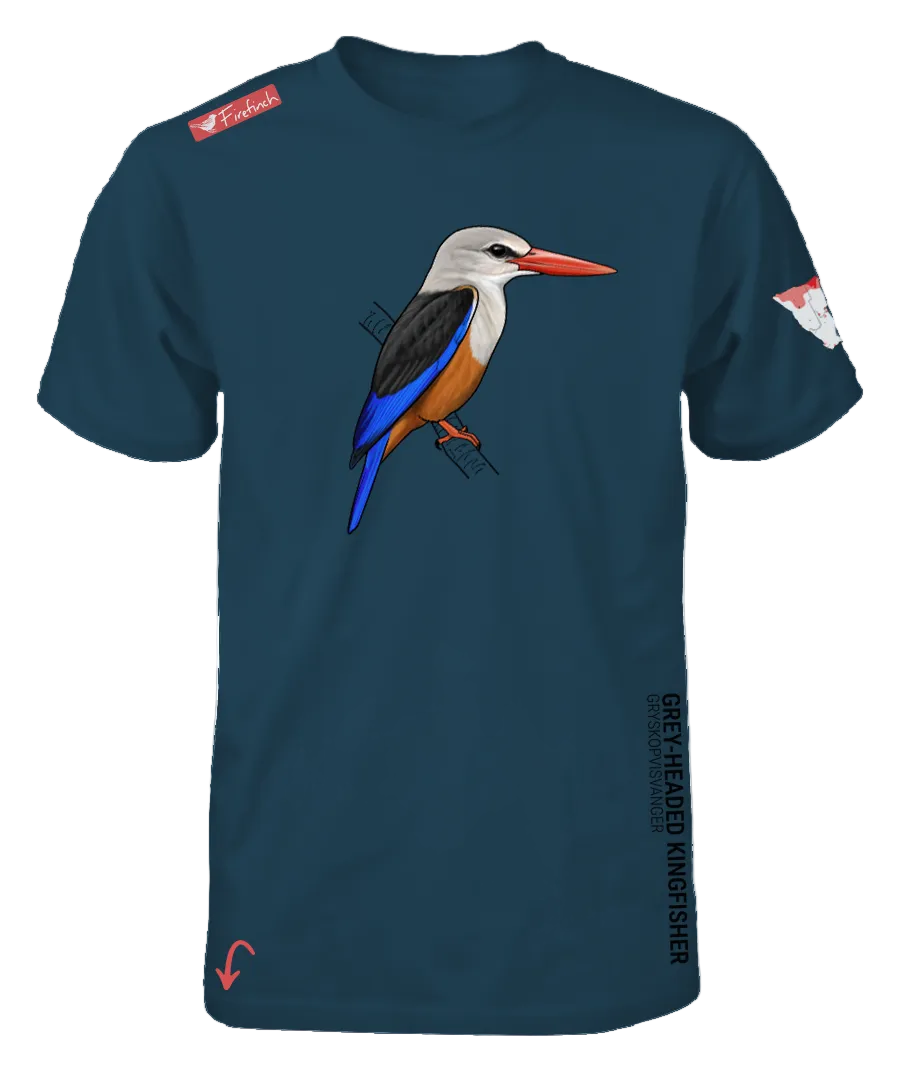 A petrol blue short-sleeve t-shirt featuring a graphic of a grey-headed kingfisher on the front.