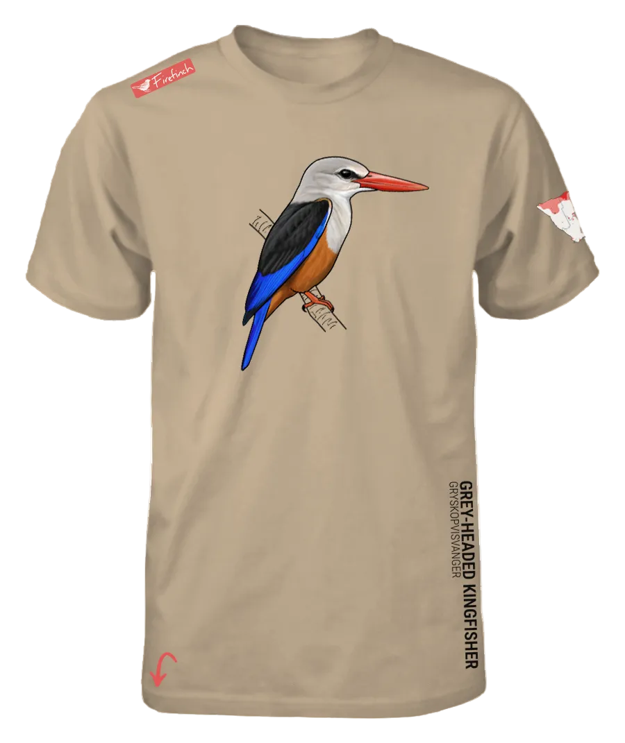 A stone colored short-sleeve t-shirt featuring a detailed graphic of a grey-headed kingfisher on the front.