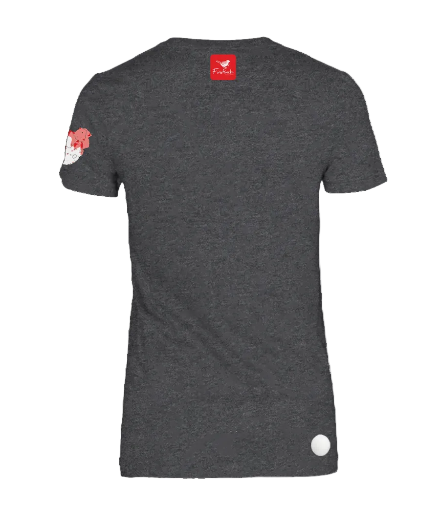 A woman's charcoal melange t-shirt shown from the back.