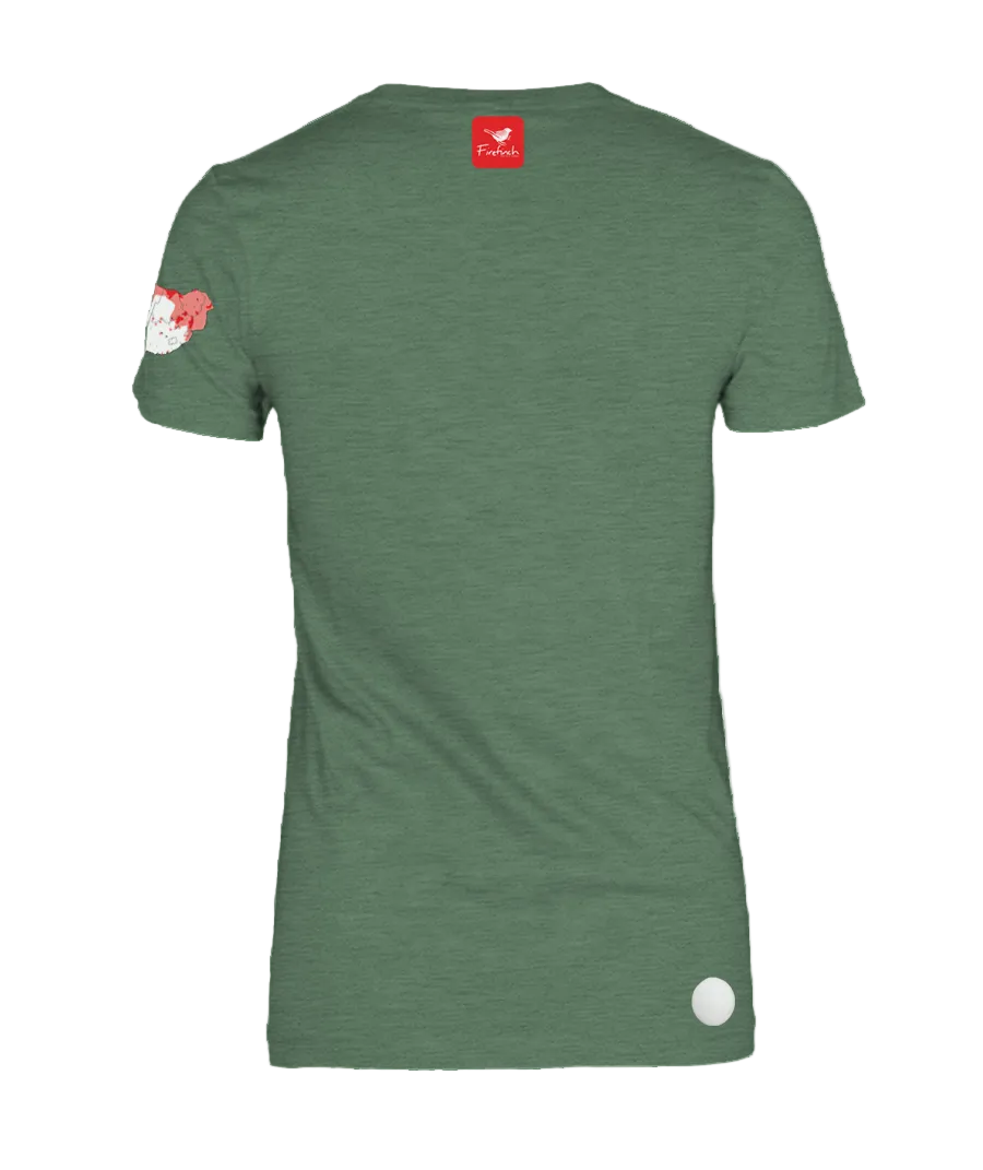The back of a green melange woman's short-sleeve t-shirt.