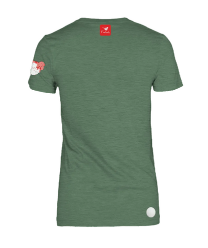 The back of a green melange woman's short-sleeve t-shirt.