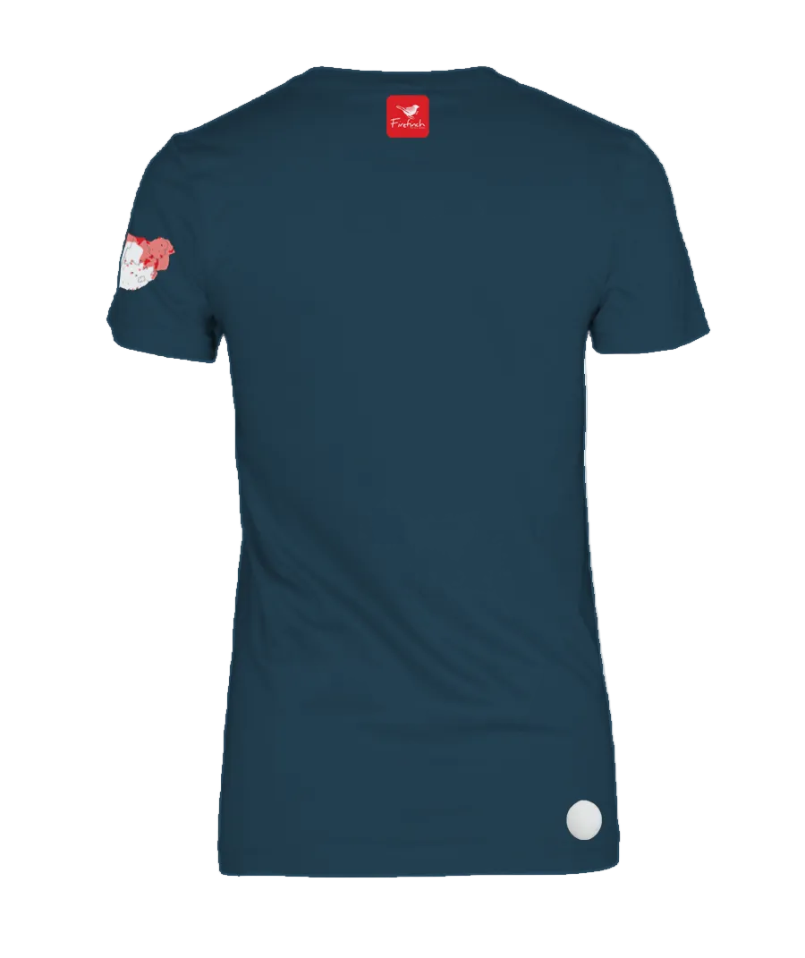 A petrol blue woman's short-sleeve t-shirt shown from the back.