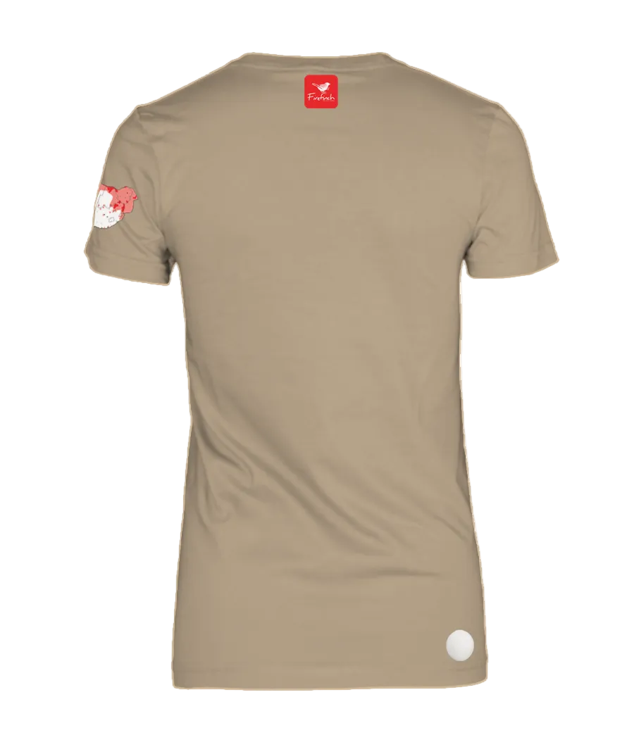 A stone colored woman's short-sleeve t-shirt shown from the back.