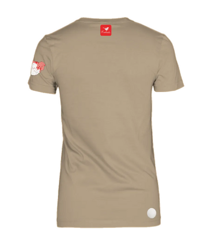 A stone colored woman's short-sleeve t-shirt shown from the back.