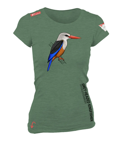 A women's short-sleeve crewneck t-shirt in green melange, featuring a detailed graphic of a grey-headed kingfisher on the front. 