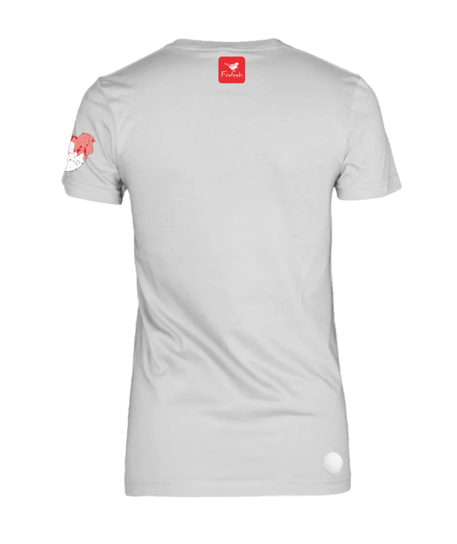 A white short-sleeve woman's t-shirt shown from the back.