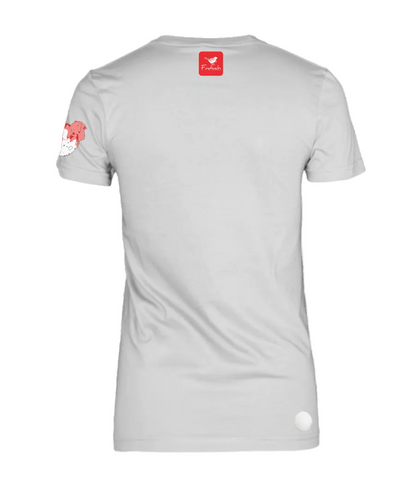A white short-sleeve woman's t-shirt shown from the back.