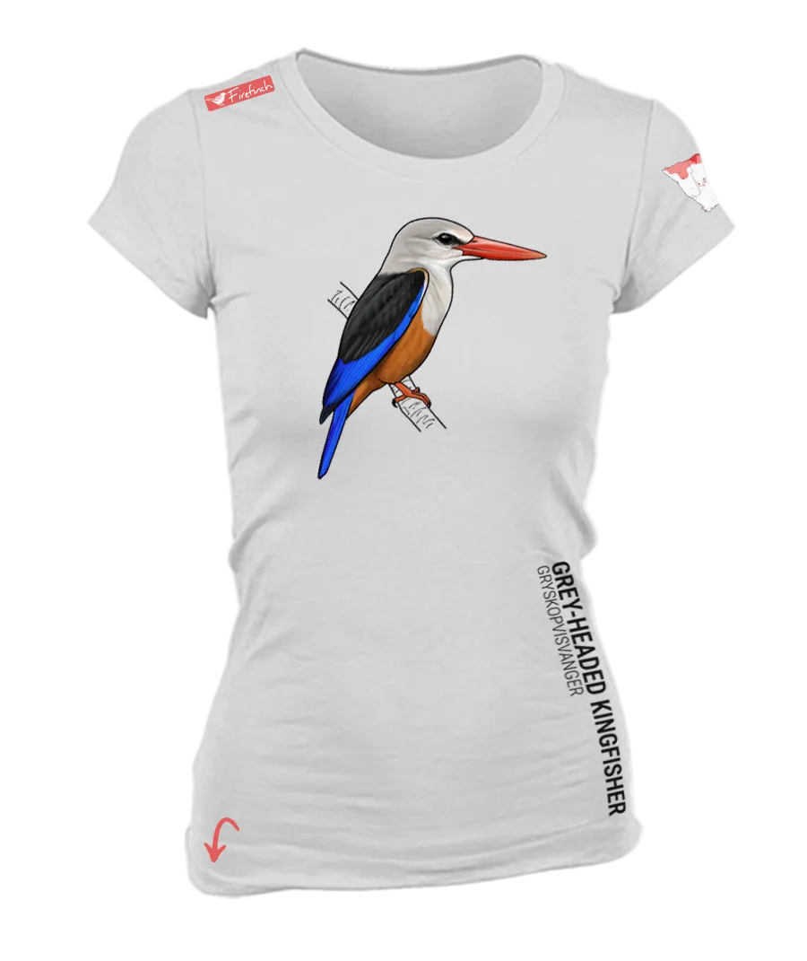 A white short-sleeve crewneck t-shirt featuring a graphic of a grey-headed kingfisher on the front.