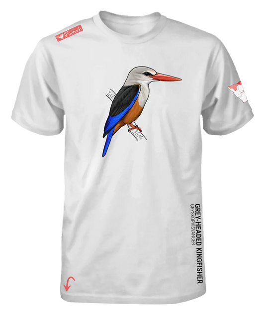 A white short-sleeve t-shirt featuring a detailed graphic of a grey-headed kingfisher on the chest.
