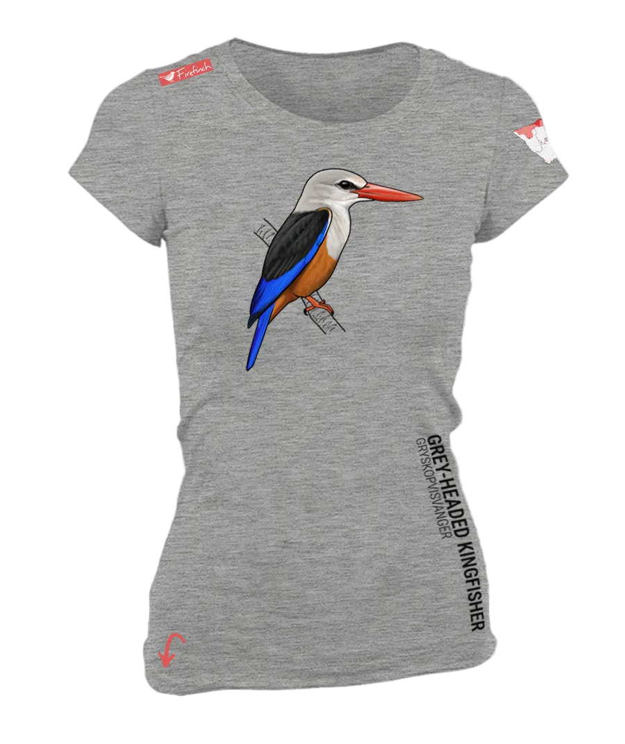 A grey melange woman's short-sleeve t-shirt featuring a detailed graphic of a grey-headed kingfisher on the front.