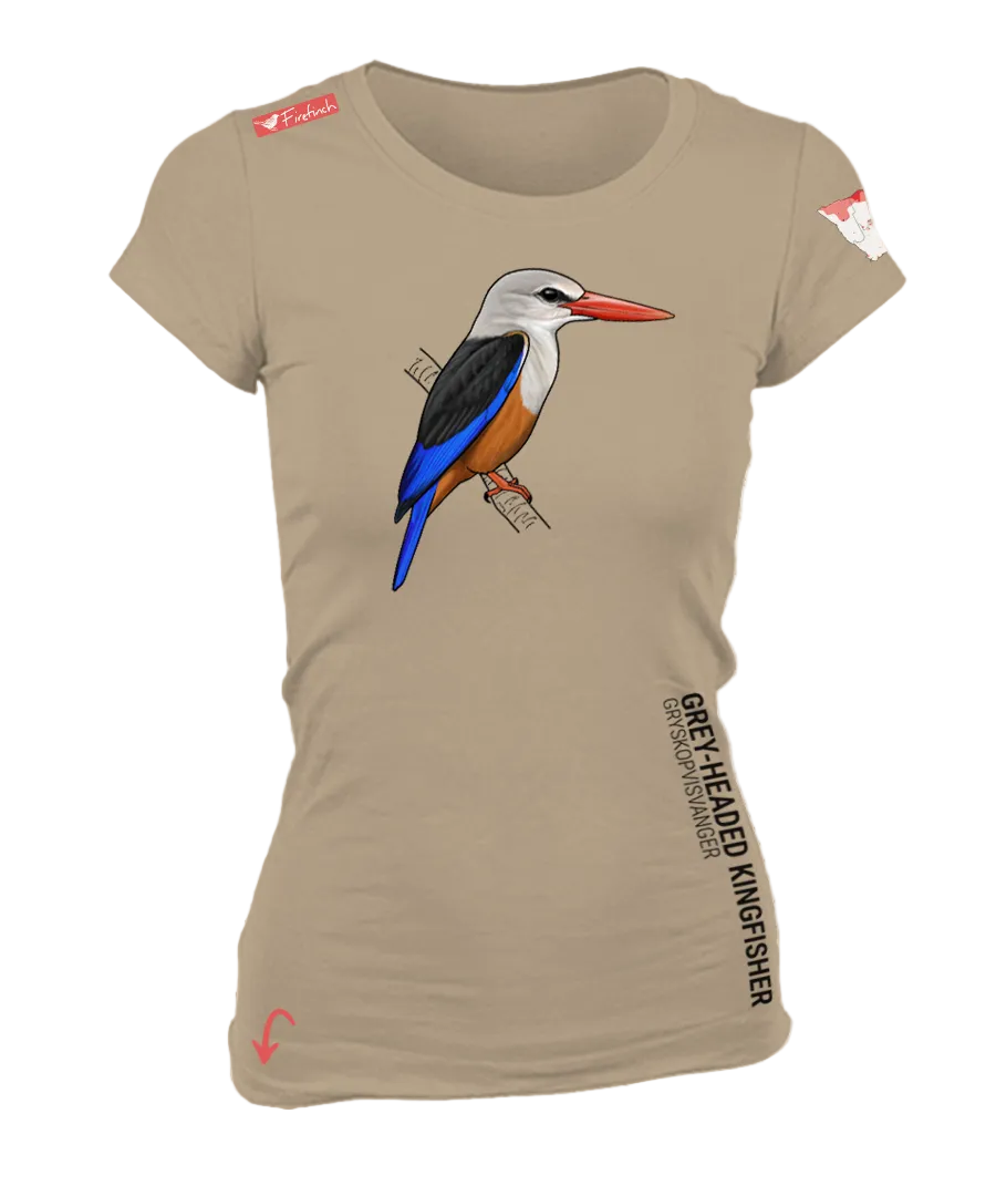 A stone colored short sleeve woman's t-shirt featuring a colorful graphic of a grey-headed kingfisher on the front.